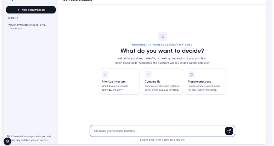 VC Match chat workspace: 'What do you want to decide?' with starter questions to prioritize investors, compare fit and prepare questions
